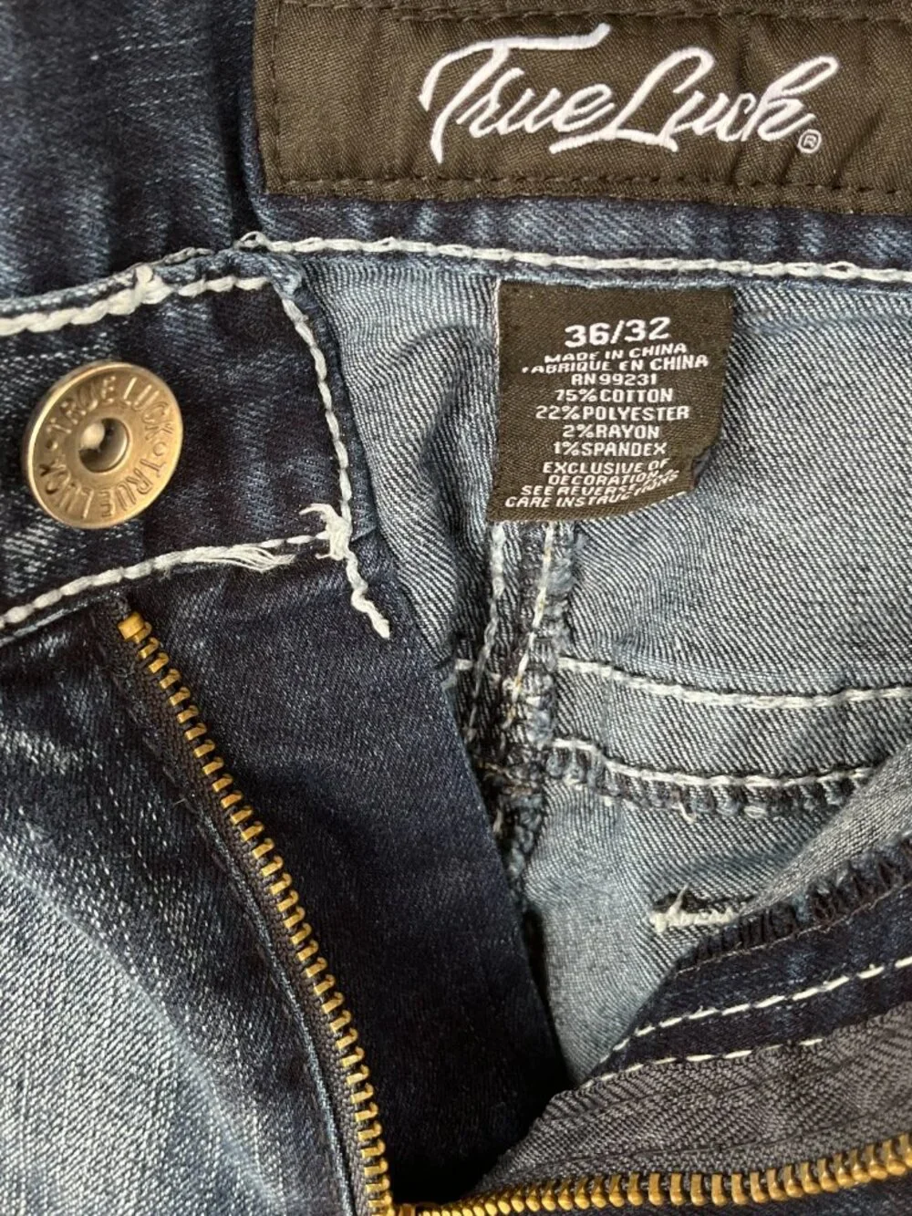 True Luck Mens Jeans Thick Stitch Denim Faded Wash Straight Leg Everyday 36x32